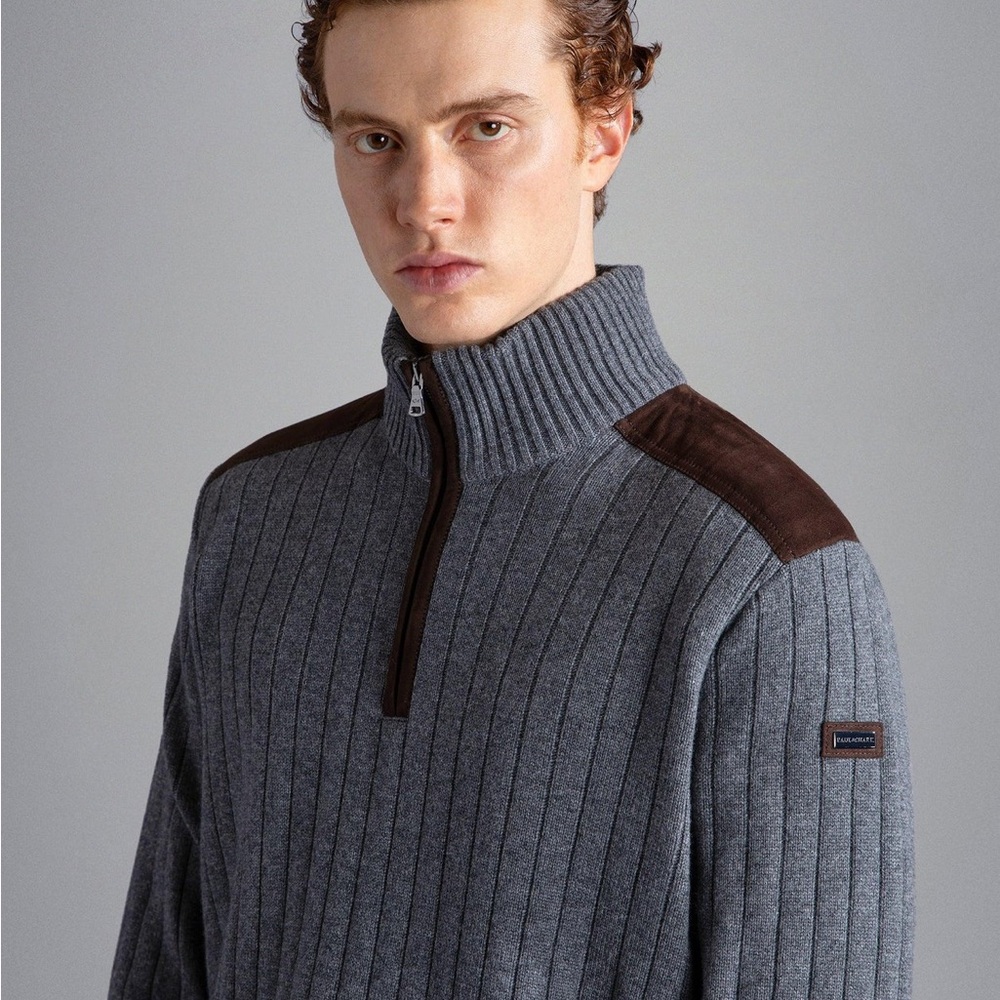 Paul & Shark Gray and Brown Zip Up Sweater with Ribbed Texture